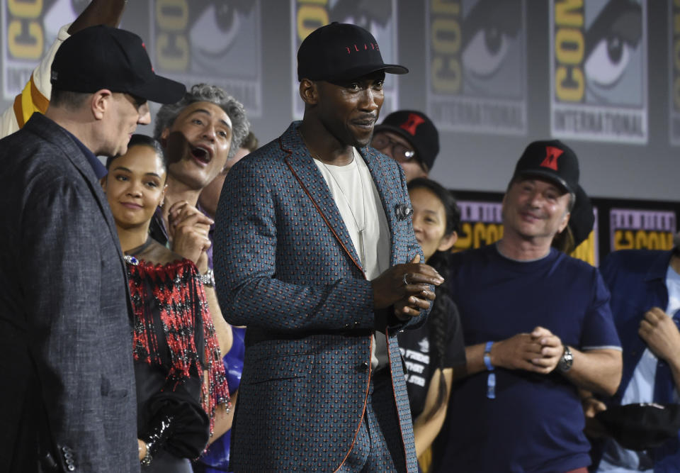 Mahershala Ali, center, wears a hat to promote his new movie "Blade" at the Marvel Studios panel on day three of Comic-Con International on Saturday, July 20, 2019, in San Diego. (Photo by Chris Pizzello/Invision/AP)