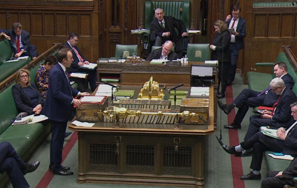 Screen grab of Health Secretary Matt Hancock introducing the Coronavirus Bill in the House of Commons for its second reading .