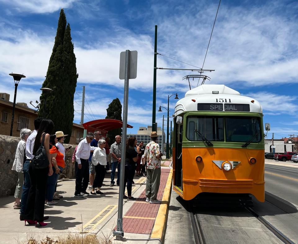 Passengers board the El Paso Streetcar for an art tour by Hal Marcus on North Oregon Street on May 6.