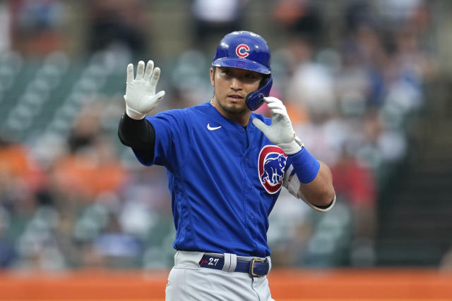 Chicago Cubs' Yan Gomes celebrates at second base after hitting an RBI  double during the seventh inning of the team's baseball game against the  Philadelphia Phillies on Tuesday, Sept. 27, 2022, in