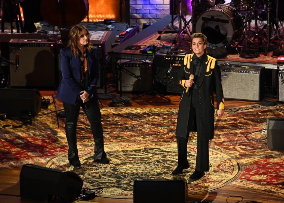 Brandy Clark and Brandi Carlile perform onstage at The Americana Music Association 22nd Annual Honors & Awards Show on September 20, 2023 at the Ryman Auditorium in Nashville, Tennessee.