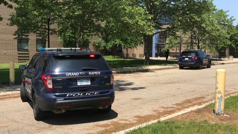 Police respond to Alger Middle School in Grand Rapids on May 21, 2024.