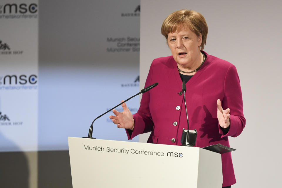 FILE -- In this Saturday, Feb. 16, 2019 photo German Chancellor Angela Merkel delivers her speech during the Munich Security Conference in Munich, Germany. German Chancellor Angela Merkel is making clear she supports students protesting around the world against global warming, following widespread criticism of comments seeming to suggest the demonstrations may have been fomented by Russian online agitation. (AP Photo/Kerstin Joensson, file)