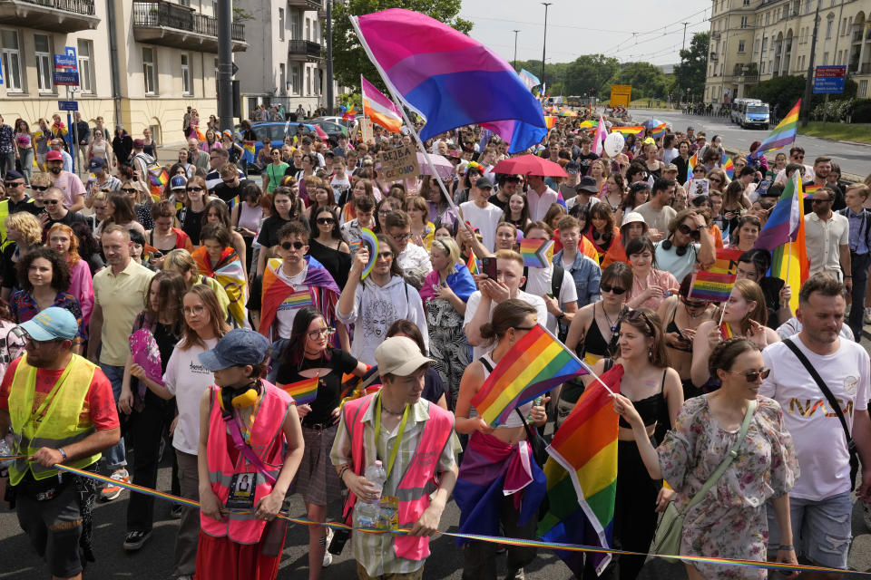 People take part in the Equality Parade, an LGBT pride parade, in Warsaw, Poland, Saturday, June 17, 2023. (AP Photo/Czarek Sokolowski)