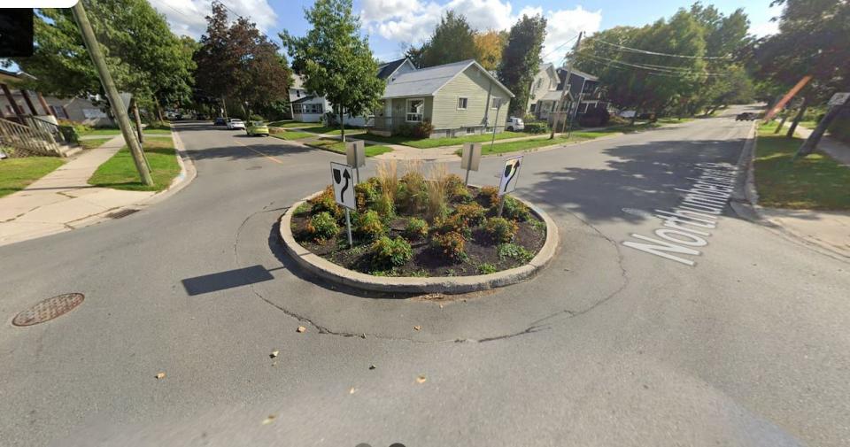 Mini-roundabouts like this one on Northumberland Street in Fredericton were suggested as one option for Moncton streets. 
