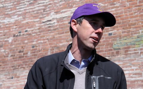 O'Rourke stands on a pick-up truck to speak to an audience of 200 on his plans for healthcare and education - Credit: Xinhua/Barcroft Images