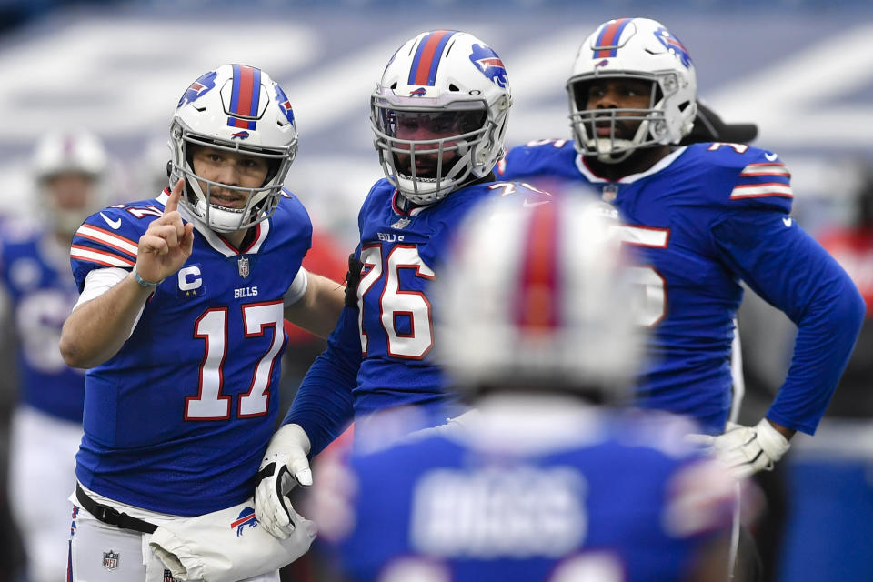 Buffalo Bills quarterback Josh Allen (17) will be featured in prime time during the divisional round of the NFL playoffs. (AP Photo/Adrian Kraus)