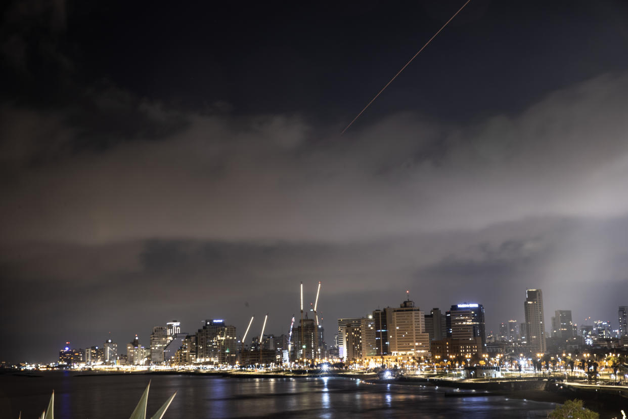 TEL AVIV, ISRAEL - APRIL 14, 2024: Explosions are seen in the skies of the capital, following the attack from Iran in Tel Aviv, Israel on April 14, 2024. (Photo by Mostafa Alkharouf/Anadolu via Getty Images)