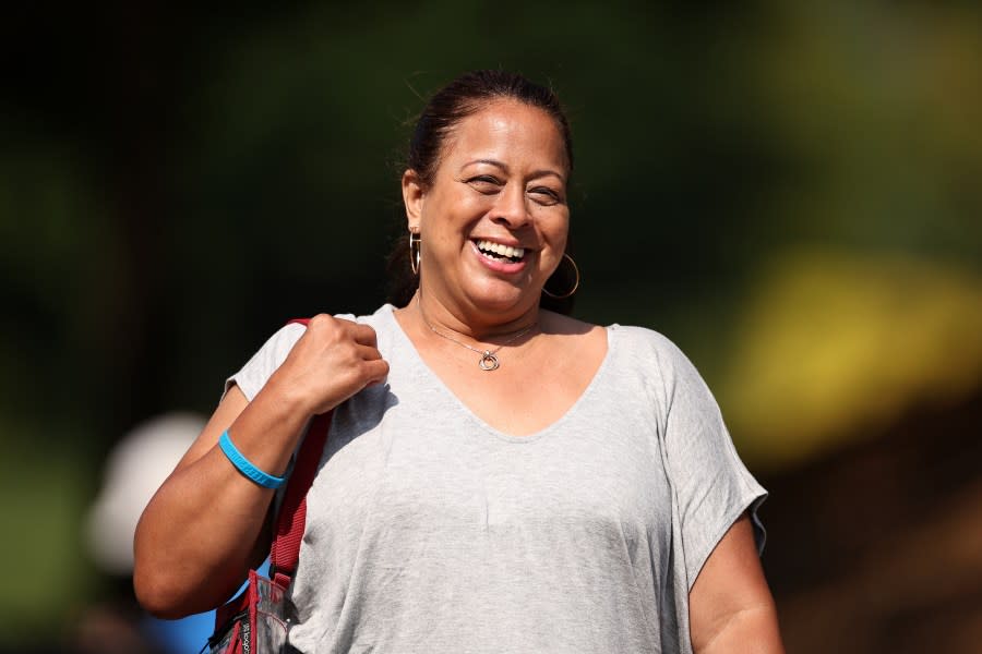 Julie Young, mother of quarterback Bryce Young of the Carolina Panthers, attends Carolina Panthers Training Camp at Wofford College on July 27, 2023 in Spartanburg, South Carolina. (Photo by Jared C. Tilton/Getty Images)