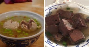 The collage shows some “pork meatball soup” (left) and “pork blood soup” (right). (Courtesy of Wikipedia/Facebook)