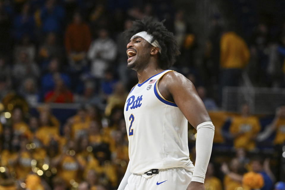 Pittsburgh forward Blake Hinson (2) celebrates during the second half of an NCAA college basketball game against Notre Dame, Saturday, Feb. 3, 2024, in Pittsburgh. (AP Photo/Barry Reeger)