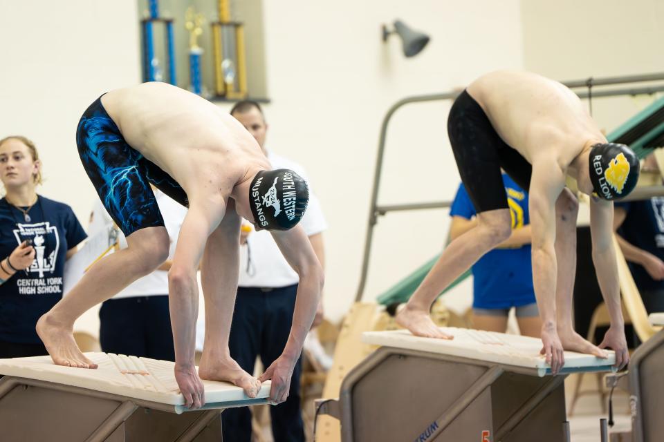 South Western’s Owen Cromer competes in the 50 Yard Freestyle at the Dick Guyer YAIAA Swimming & Diving Championship on Friday, February 9, 2024. Owen Cromer took first with a time of 20.84.