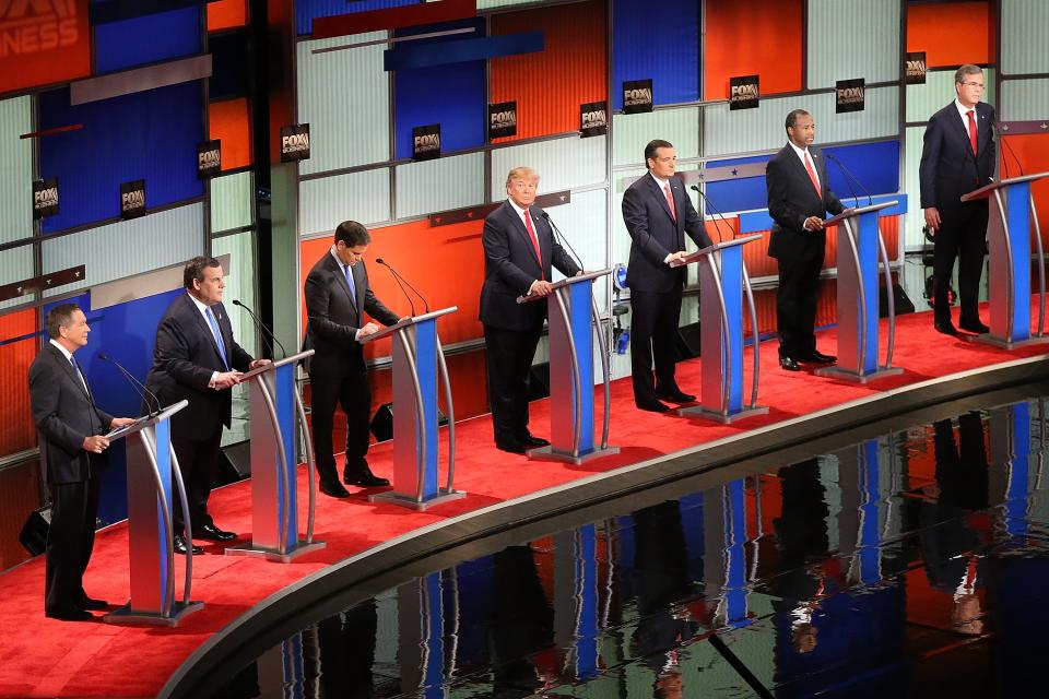 GOP candidates participate in the Fox Business Network Republican presidential debate at the North Charleston Coliseum and Performing Arts Center on Jan. 14, 2016 in North Charleston, S.C.