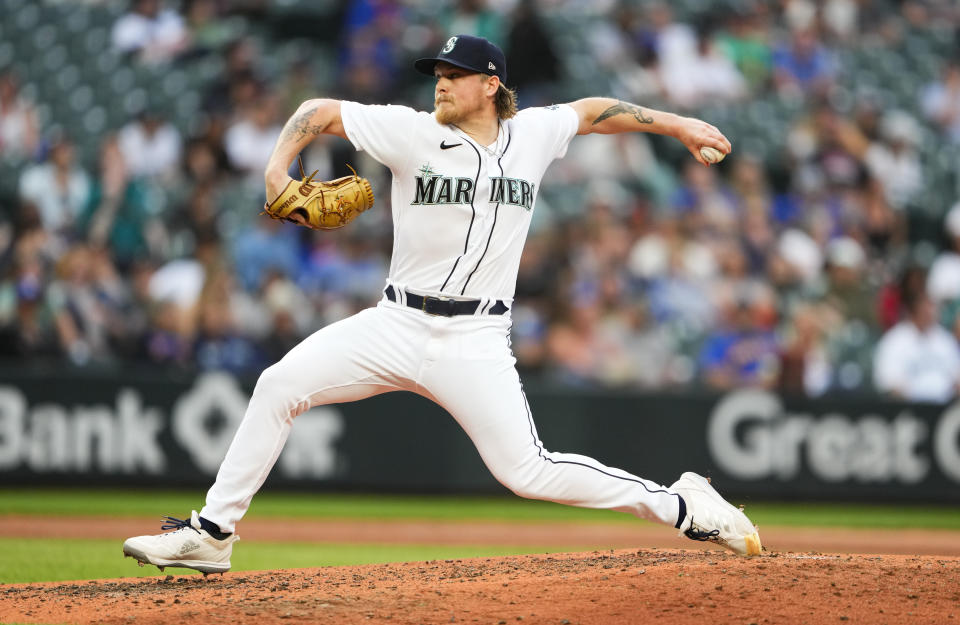 Seattle Mariners relief pitcher Gabe Speier throws to a Washington Nationals batter during the sixth inning of a baseball game Tuesday, June 27, 2023, in Seattle. (AP Photo/Lindsey Wasson)