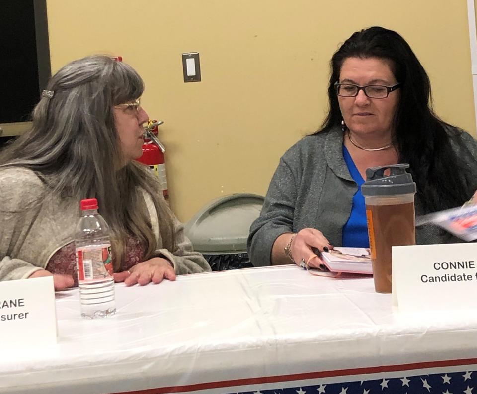 From left, incumbent Berkley treasurer Wendy Cochrane and challenger Connie Connie Dagwan take part in a meet the candidates night at the senior center on Tuesday, April 30, 2024.