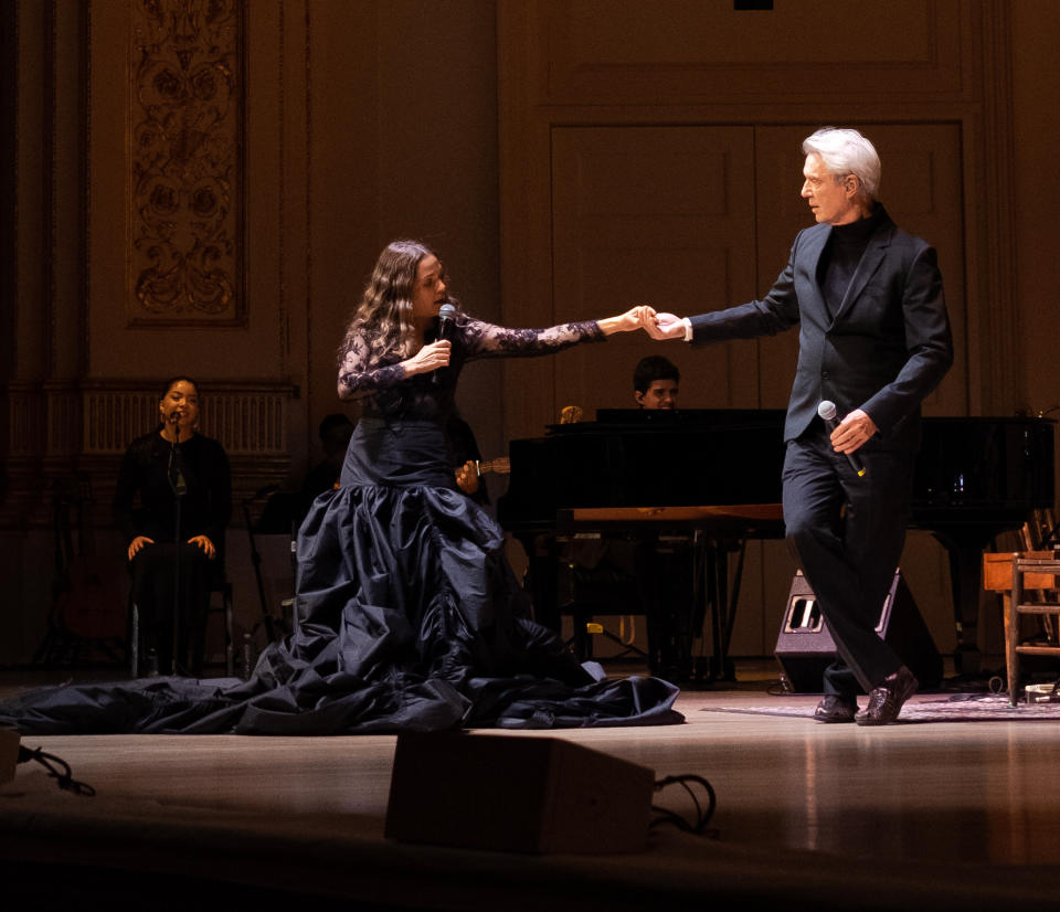 <em>Artist David Byrne dances onstage with Natalia Lafourcade at Carnegie Hall</em>