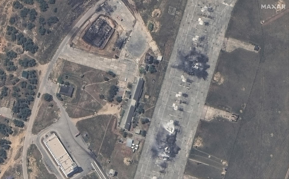 This image released by Maxar Technologies shows an overview of destroyed MiG 31 fighter aircraft and fuel storage facility at Belbek air base, near Sevastopol, in Crimea, Thursday, May 16, 2024. (Satellite image ©2024 Maxar Technologies via AP)
