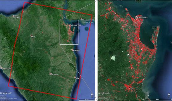 This map of the devastation from Super Typhoon Haiyan in the Philippines shows damage from the Nov. 8, 2013 storm in the hardest hit regions. NASA scientists and the Italian Space Agency used satellite views to create the maps to aid disaster r