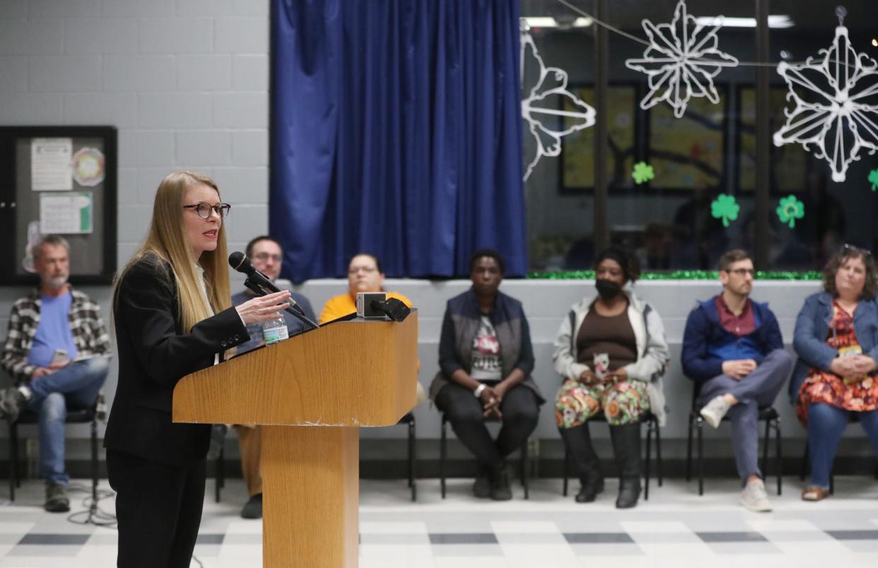Ward 9 City Council member Tina Boyes speaks about the Word Church Tuesday during a meeting Kenmore Community Center.