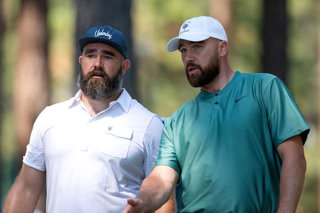 <p>David Calvert/Getty</p> ravis Kelce and Jason Kelce during the ACC Celebrity Golf Championship.