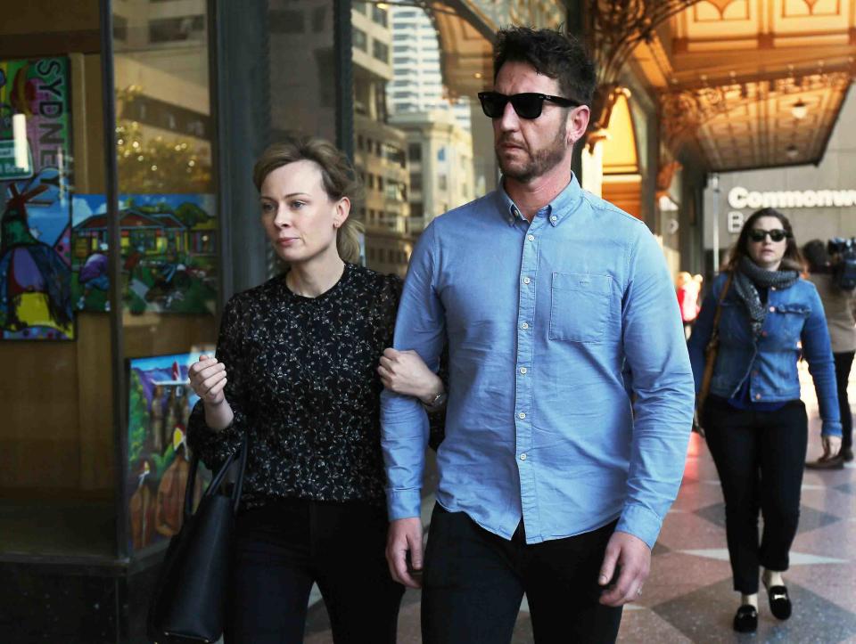 Axe attack victim Benjamin Rimmer leaves the Downing Centre District Court in Sydney. 