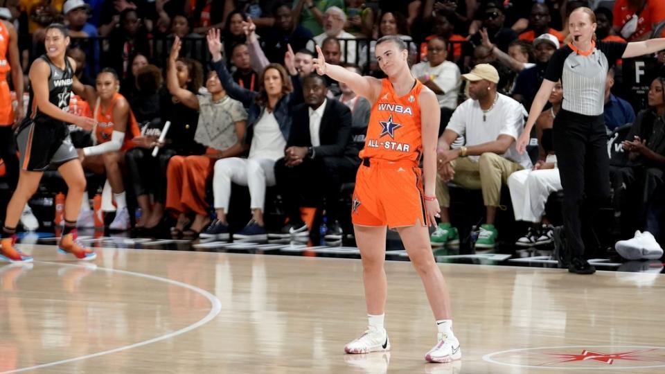 Jul 15, 2023; Las Vegas, NV, USA; Team Stewart guard Sabrina Ionescu (20) celebrates after scoring a four-point shot against Team Wilson during the first half in the 2023 WNBA All-Star Game at Michelob Ultra Arena.