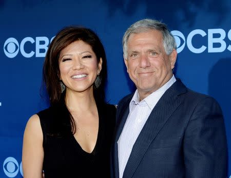 FILE PHOTO: Les Moonves (R), president and CEO of CBS Corporation, and his wife Julie Chen pose during the premiere of the CBS science fiction television series "Extant" at the Samuel Oschin Space Shuttle Endeavour Display Pavilion in Los Angeles, California, U.S., June 16, 2014. REUTERS/Kevork Djansezian/File Photo