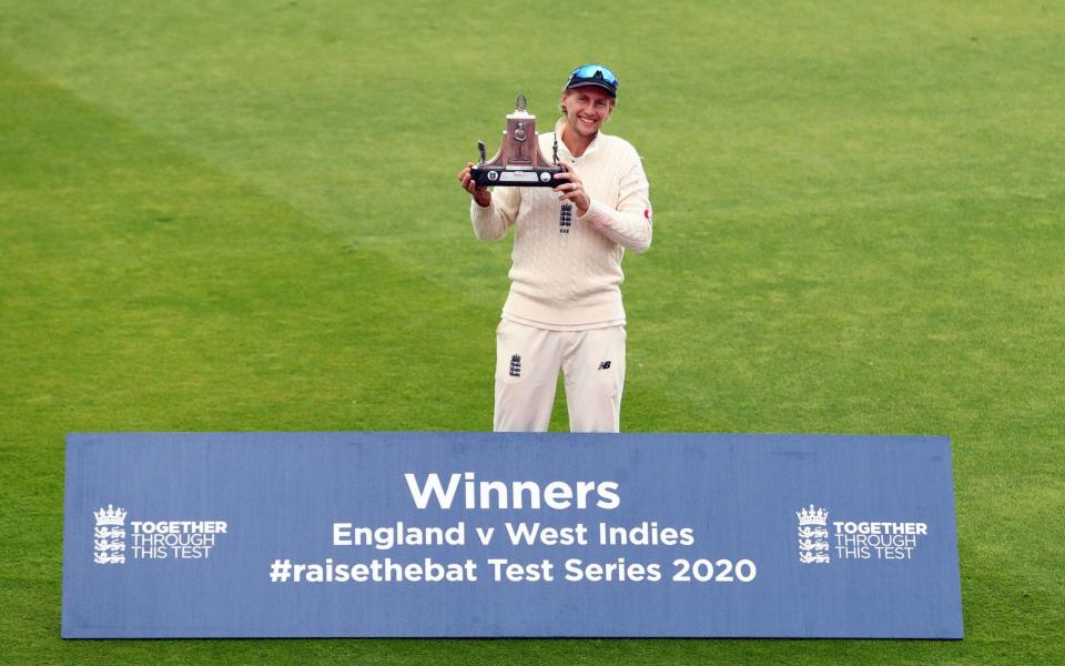 Joe Root was left all alone for a socially distanced celebration after reclaiming the Wisden Trophy - GETTY IMAGES