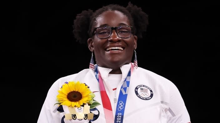 Gold medalist Tamyra Mariama Mensah-Stock of Team United States poses with the gold medal during the Women’s Freestyle 68kg medal ceremony on Day 11 of the Tokyo 2020 Olympic Games. (Photo by Tom Pennington/Getty Images)