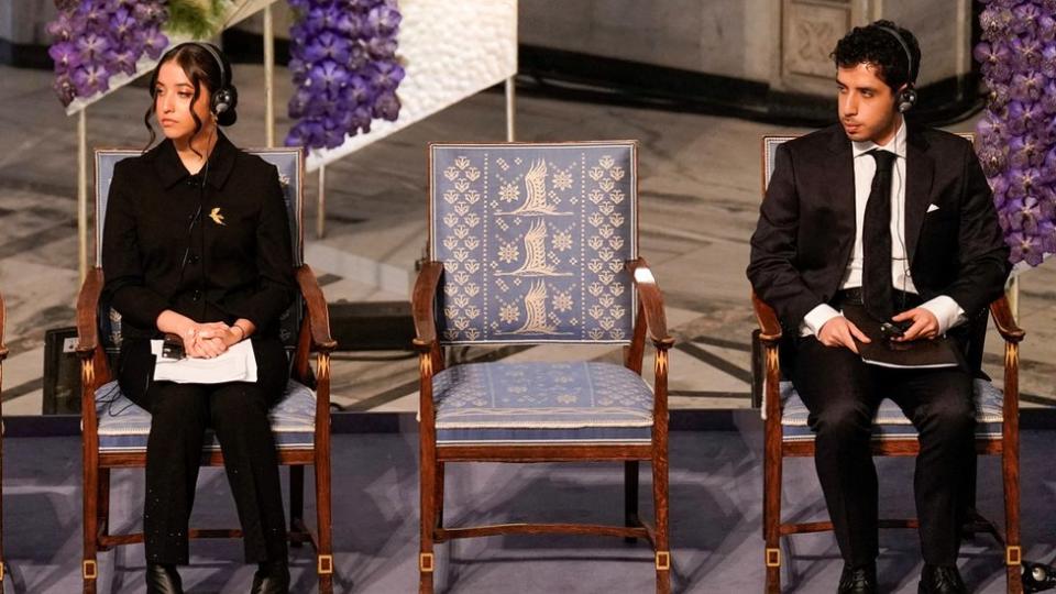 Ali and Kiana Rahmani, children of Narges Mohammadi, an imprisoned Iranian human rights activist, attend the Nobel Peace Prize 2023 award ceremony, where they accept the award on behalf of their mother at Oslo City Hall, Norway December 10, 2023.