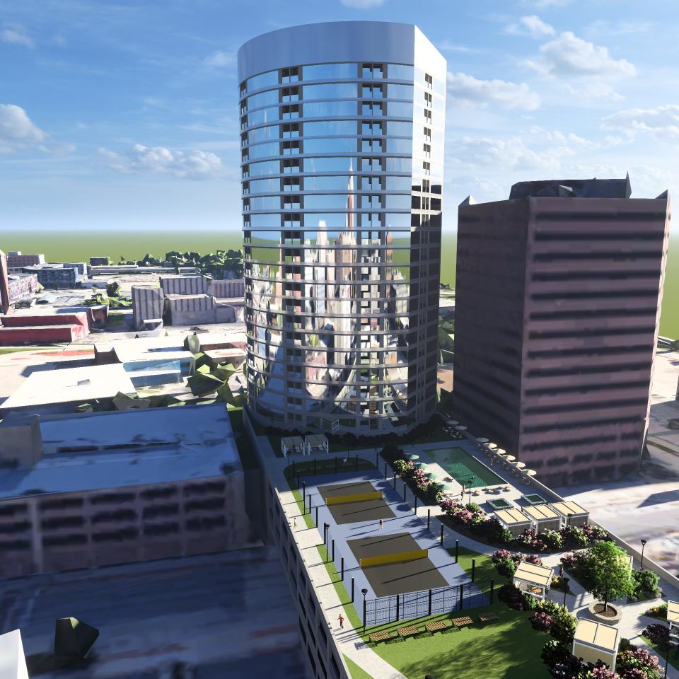 A computer rendering of the Tower on Grand, a proposed 25-story apartment complex on Grand Avenue.