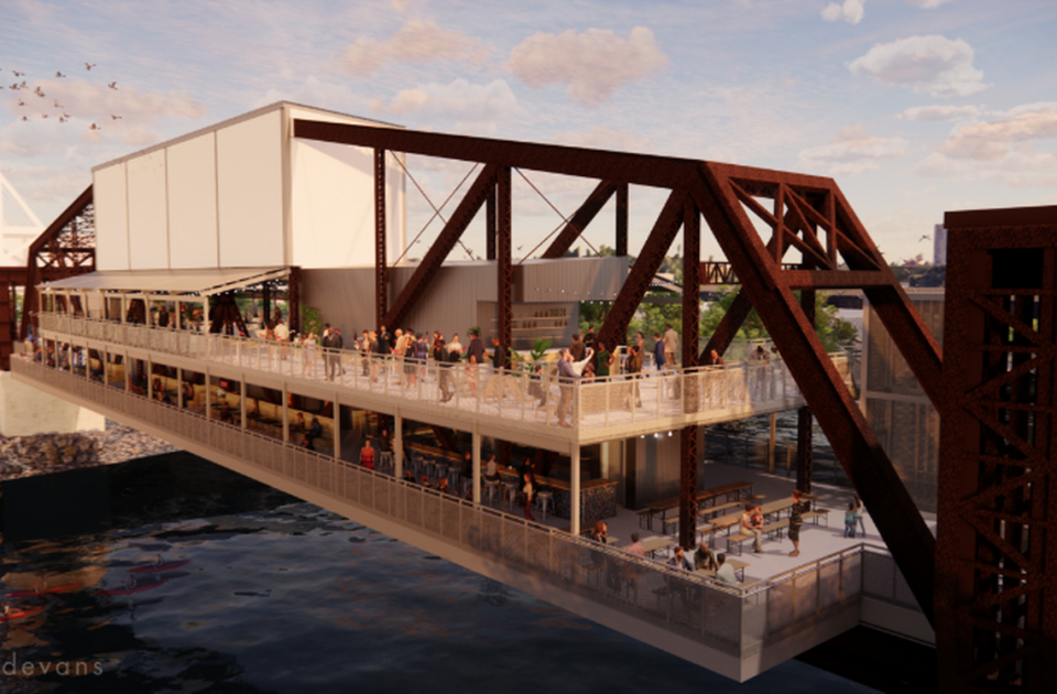 A rendering shows what developers plan for the new Rock Island Bridge development project spanning the Kansas River. The bridge is expected to open to the public in the summer of 2024.