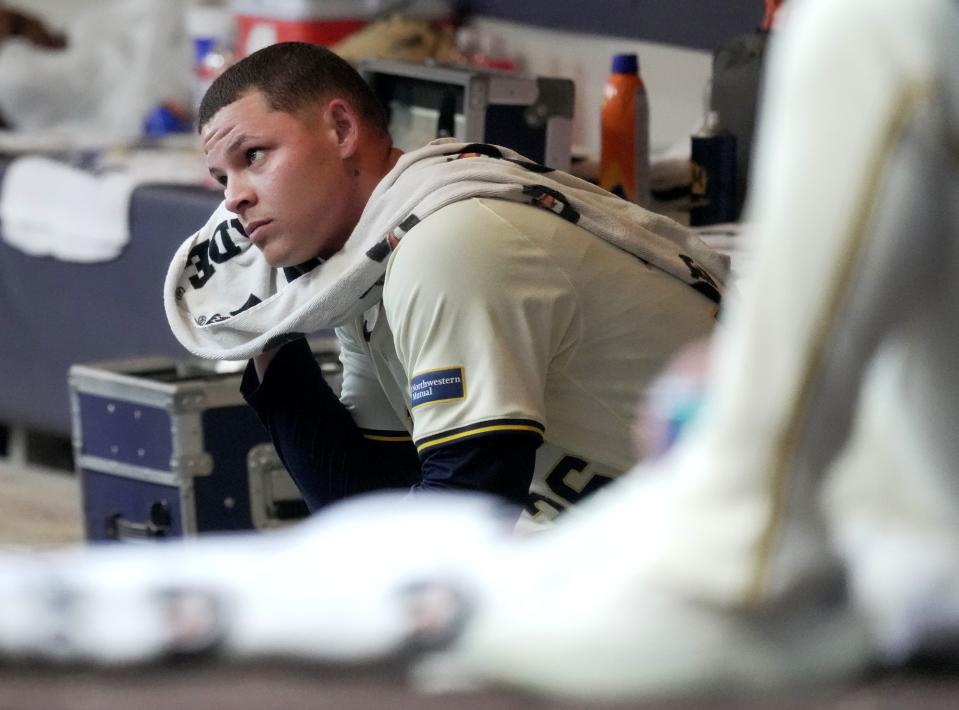 Milwaukee Brewers pitcher Tobias Myers (36) is shown in the dugout during the first inning of their game against the Pittsburgh Pirates Wednesday, July 10, 2024 at American Family Field in Milwaukee, Wisconsin.