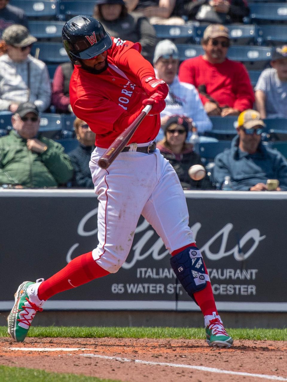 Worcester’s Niko Goodrum connects for a hit in the fifth inning against Lehigh Valley last week.