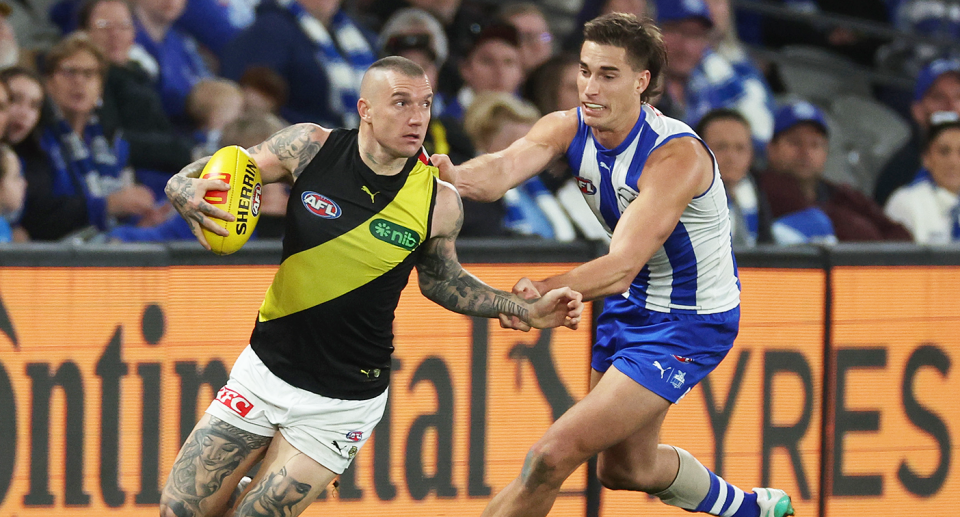 Richmond's Dustin Martin returned for his first game in five weeks in the loss to the Kangaroos. Pic: Getty