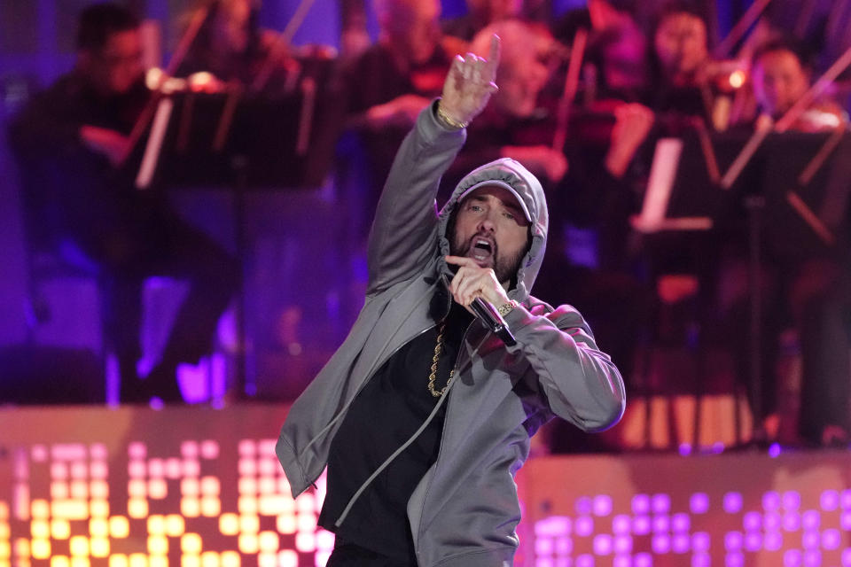 Eminem performs during "Live From Detroit: The Concert at Michigan Central" on Thursday, June 6, 2024, in Detroit. (AP Photo/Carlos Osorio)