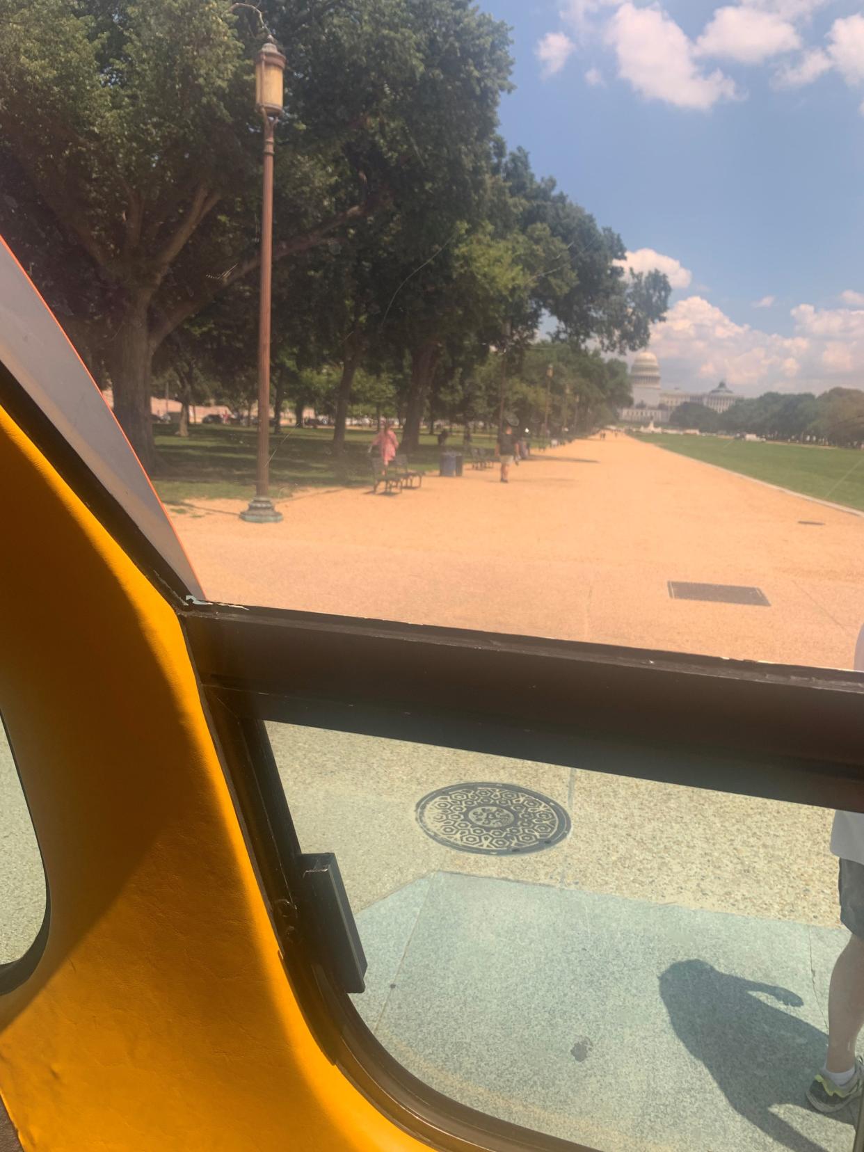 A view through the window of the Wienermobile when it was pulled over on the National Mall in July.