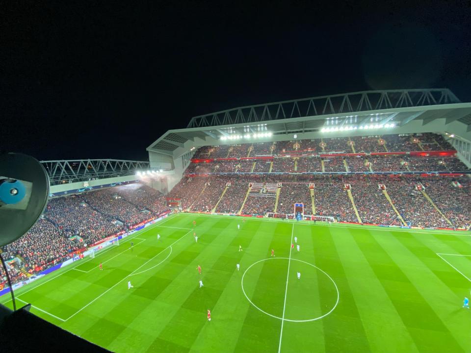 Footage taken by the group who climbed onto the roof of Anfield to watch Liverpool's Champions League clash with Real Madrid. See SWNS story SWSYanfield. A group of footie fans were arrested after they climbed onto the roof of Anfield to watch Liverpool's Champions League clash with Real Madrid. Kain Hogg, 23, and his two mates scaled the famous stadium after they became frustrated that they were unable to buy tickets for the game. Anfield is currently undergoing redevelopment work, so they snuck in through the connecting construction site. They reached the top, and watched two thirds of the match before they were caught by stewards and arrested by Merseyside Police.  