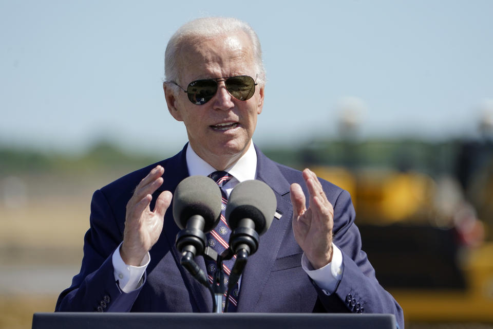 President Joe Biden speaks during a groundbreaking for a new Intel computer chip facility in New Albany, Ohio, Friday, Sep. 9, 2022. (AP Photo/Manuel Balce Ceneta)