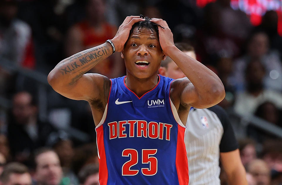 Detroit Pistons guard Marcus Sasser reacts after he was charged with a foul against the Atlanta Hawks during their game at State Farm Arena in Atlanta, on Dec. 18, 2023. (Photo by Kevin C. Cox/Getty Images)