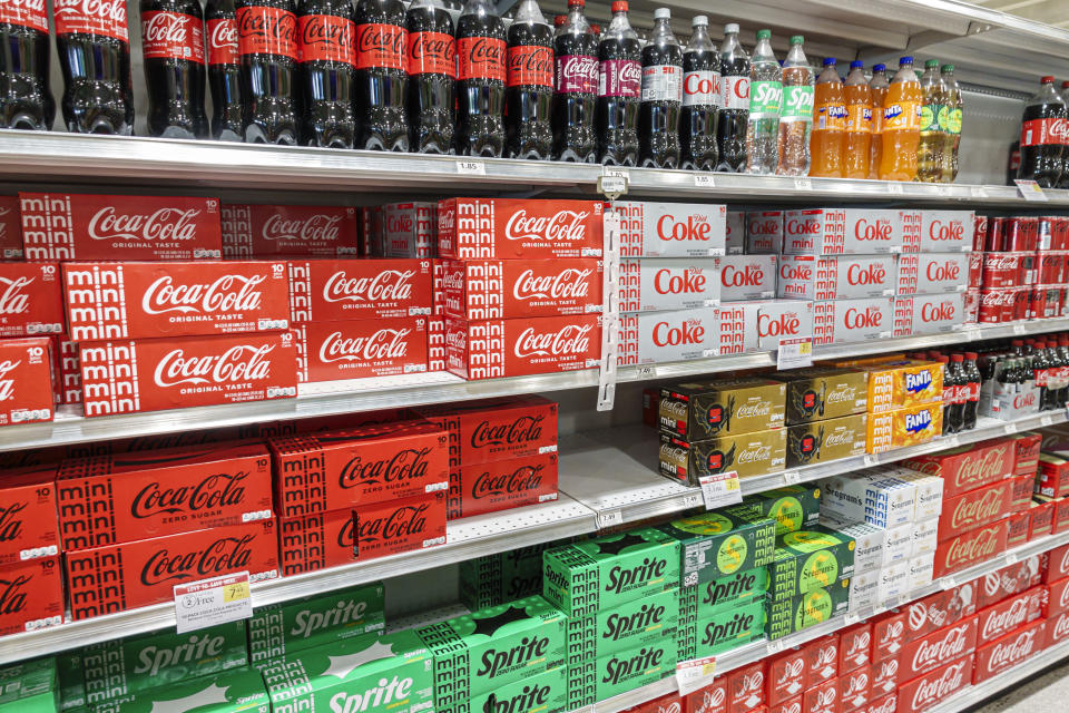 Miami Beach, Florida, Publix grocery store, Coca Cola, Sprite, soda bottles and 12 packs on shelf. (Photo by: Jeffrey Greenberg/Universal Images Group via Getty Images)