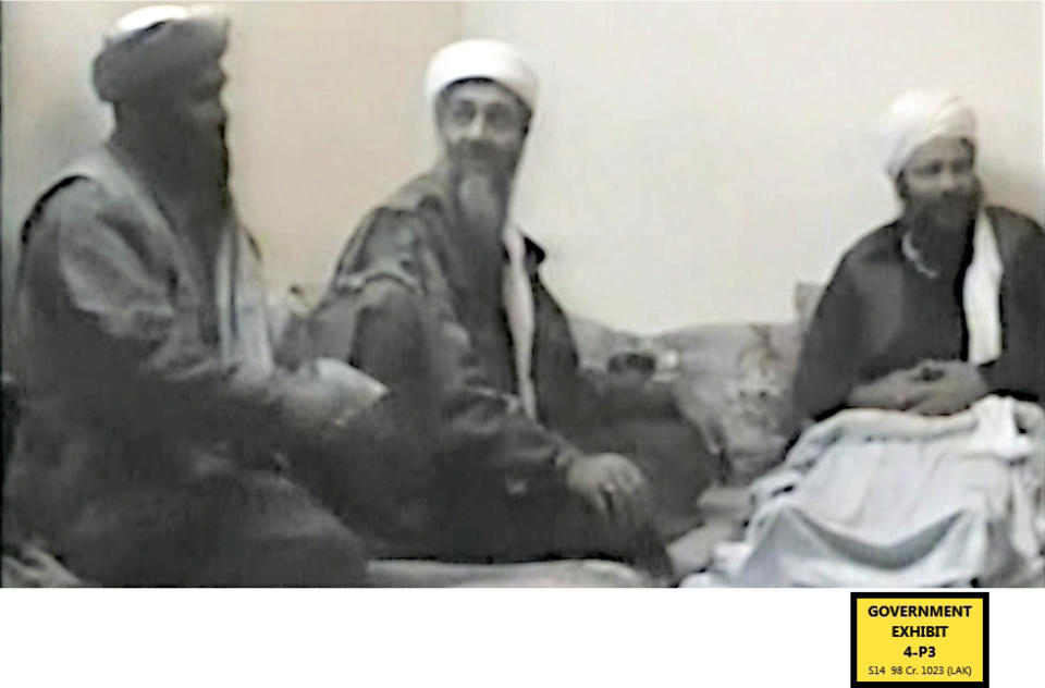 In this undated photo provided by the United States Attorney’s Office for the Southern District of New York, defendant Suliman Abu Ghayth, left, joins al-Qaida founder Osama Bin Laden, center, and an unidentified man somewhere in Afghanistan. Abu Ghayth, Osama Bin Laden’s son-in-law, is being tried in New York for his role as a recruiter and motivational speaker for the terror group. (AP Photo/US Attorney’s Office for the Southern District of New York)