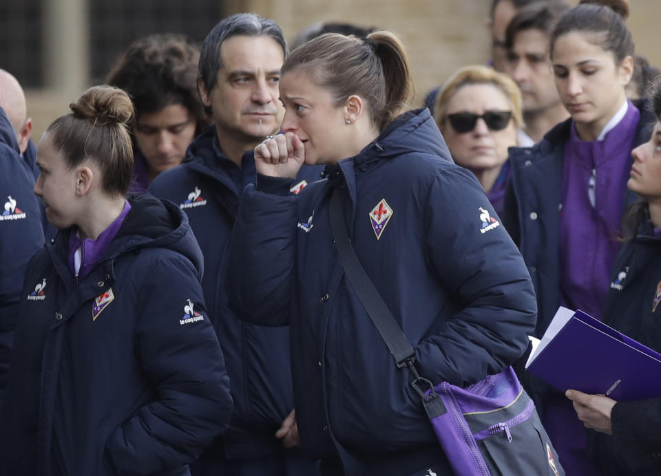 <p>Players of Fiorentina Women’s FC arrive for the funeral ceremony of Italian player Davide Astori in Florence, Italy, Thursday, March 8, 2018. The 31-year-old Astori was found dead in his hotel room on Sunday after a suspected cardiac arrest before his team was set to play an Italian league match at Udinese. (AP Photo/Alessandra Tarantino) </p>