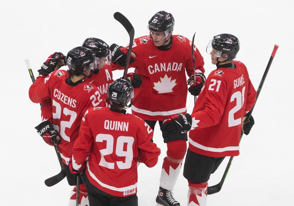 Canada players celebrates a goal against the Czech Republic during the first period of an IIHL World Junior Hockey Championship game, Saturday, Jan. 2, 2021 in Edmonton, Alberta. (Jason Franson/The Canadian Press via AP)