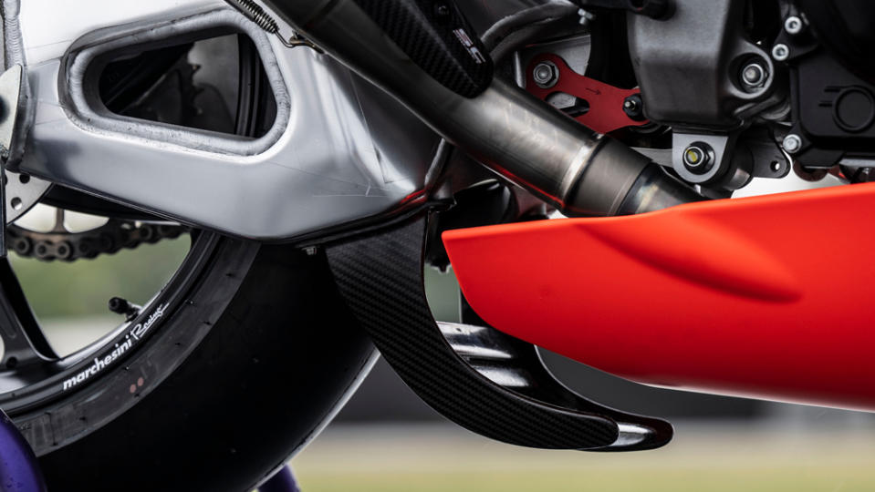 A close-up of the bike’s “lower wing” aero feature. - Credit: Aprilia