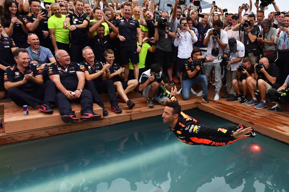 Super-fly guy: Daniel Ricciardo belly-flops into the pool at the Red Bull Energy Station in Monaco because … doesn’t every F1 winner do this guys?