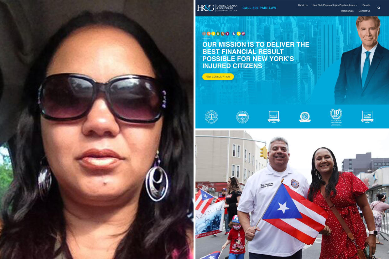 composite image: maritza ming on the left, in sunglasses and earrings; sitting in a car; a screenshot of the web site of the law firm ming now works at on upper right; lower right, gonzalez and ming at a parade