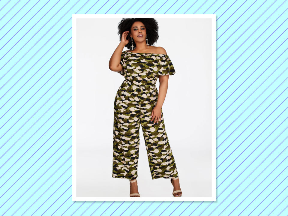 <p>Off Shoulder Camo Jumpsuit, $36, <a rel="nofollow noopener" href="https://www.ashleystewart.com/off-shoulder-camo-jumpsuit/010-405W-1253.html?dwvar_010-405W-1253_color=0990#start=46&cgid=dresses" target="_blank" data-ylk="slk:ashleystewart.com;elm:context_link;itc:0;sec:content-canvas" class="link ">ashleystewart.com</a> </p>