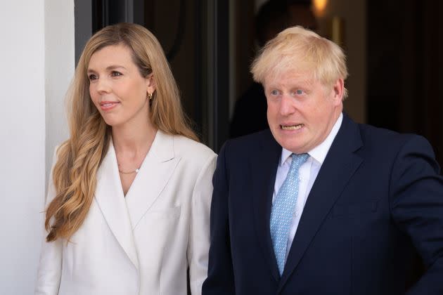 Boris Johnson and wife Carrie arrive for the official welcome ceremony on the first day of the three-day G7 summit at Schloss Elmau on June 26, 2022. (Photo: Pool via Getty Images)