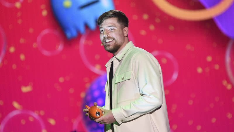 MrBeast accepts the award for favorite male creator during the Nickelodeon Kids’ Choice Awards on Saturday, March 4, 2023, at Microsoft Theater in Los Angeles.